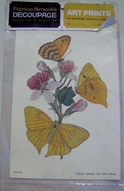 Vintage Decoupage - 3 Yellow Butterflies on Pink Flower 6 1/2" x 4"  - Image 1 of 1