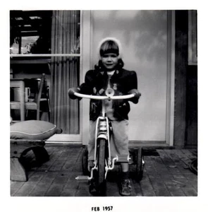Little Girl Riding a Tricycle - Vintage 1957 B&W Photograph 3 1/2" x 3 1/2" - Picture 1 of 1