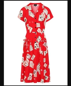 Collectif Liza Cat Croupier Swing Dress Short Sleeved Red Women's UK18 C4521 - Picture 1 of 9