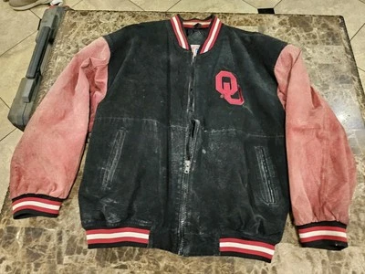 Jaqueta de couro desgastada vintage ESSEX Oklahoma University SOONERS tamanho grande - Imagem 1 de 4