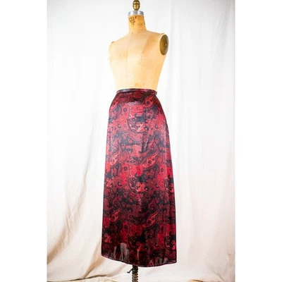 Maxi Falda Vintage Años 90 Grunge Satén Floral Paisley, Negro Rojo Gótico Bruja, XL Foto 1 de 4