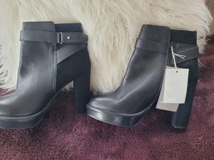 H&M CUERO Talla 7 Botines Negro Tacón Bloque Cierre Cremallera Tacón Bloque Nuevas Etiquetas - Imagen 1 de 8