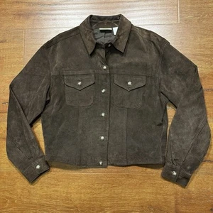 Liz Claiborne Pig Suede Trucker Jacket Women 10 Brown Button Up Farm Chore Biker - Picture 1 of 13