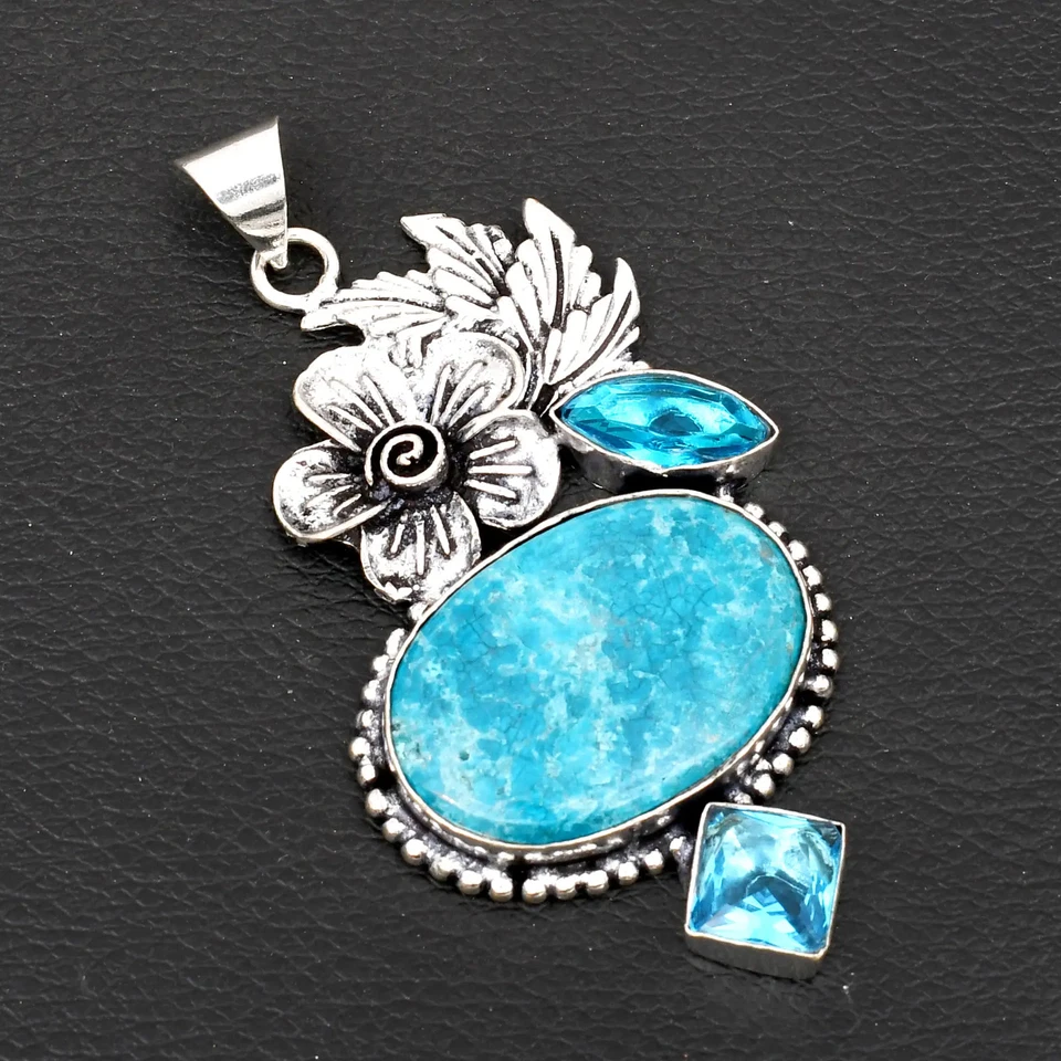 Apatite Blue Topaz Gemstone Handmade Flower Pendant Jewelry Gift 2.92" AP-16255 - Image 1 of 1