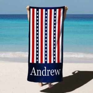 Personalized Blue White Stripe Beach Towel with Name - Picture 1 of 11