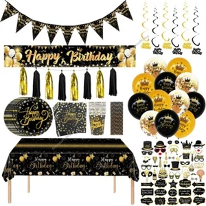 Black gold balloons plates napkins tablecloth banner Birthday Party decorations - Picture 1 of 33
