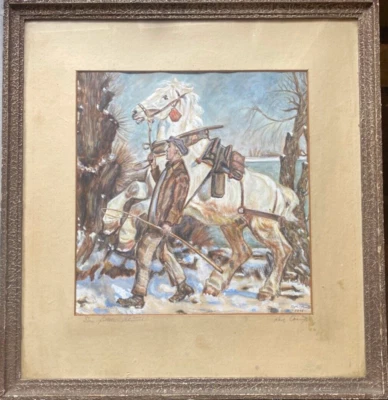 Letrero Gouache. Karl Gauz 1945 "El Caballo Blanco Feliz" Jinete con Caballo Blanco Foto 1 de 4