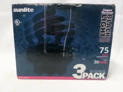 Package of 3 Sunlite Compact Fluorescent Spiral Black Light Bulbs 120V 20W NEW - Image 1 of 4