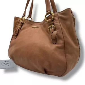 PRADA Women's Tote Shoulder Bag Handbag Vitello Dyno Leather Brown Free Shipping - Picture 1 of 10
