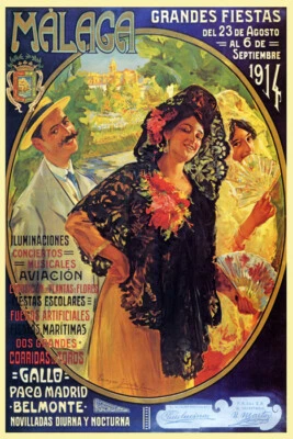 1914 MALAGA GRANDES FIESTAS SPAIN HOLIDAYS SPANISH GIRLS VINTAGE POSTER REPRO Foto 1 de 3