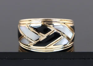 Asch Grossbardt 14K Yellow Gold Inlay Mother Of Pearl Black Onyx Ring Band 6.5 - Picture 1 of 8