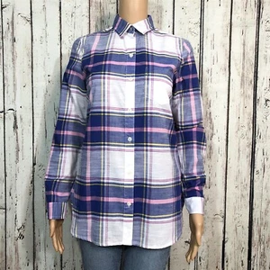 Old Navy Classic Button Front Shirt Top Misses XS Blue Pink White Plaid Cotton - Picture 1 of 7