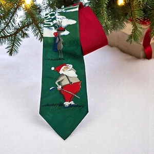 Golf Santa Claus Christmas Neck Tie Green Red Yule Tie Greetings Hallmark - Picture 1 of 12