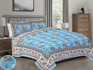 Loom N Bloom Jaipuri Hand Screen Print Cotton 1 Bedsheet 2 Pillowcover "90x108" - Picture 1 of 4