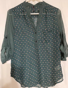 MAURICES Ladies long sleeve button up dark green w/floral & polkadot print sheer - Picture 1 of 6