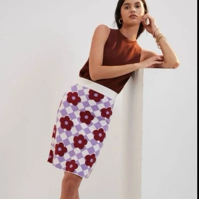 Maeve Anthropologie Women's Retro Mod Checkered Floral Knit Skirt Size XL - Image 1 of 4