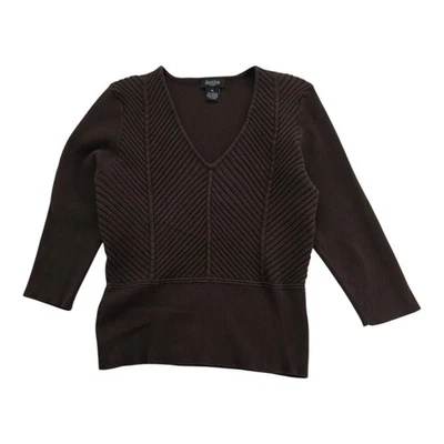 Peck & Peck Brown Ribbed Chevron Knit V-Neck Sweater Women’s Petite Large PL - Image 1 of 4