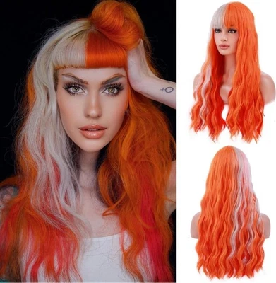 ESPECIAL HALLOWEEN Peluca Naranja y Blanco Con Flequillo Largo Ondulado 26 Pulgadas Foto 1 de 4