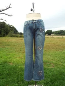 MAX & LIU Blue Denim Beaded Studded Slim Boot Cut Jeans W 31” I/L 33" NWT RP £45 - Picture 1 of 4