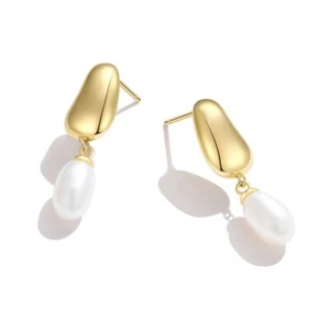 Fresh water pearl teardrop S925 sterling silver with 18k gold filled earrings - Picture 1 of 6