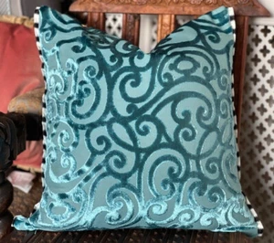 DESIGNERS GUILD FABRIC CUSHION COVER  VELVET ROCHESTER TURQUOISE 17x17" +trim - Picture 1 of 4