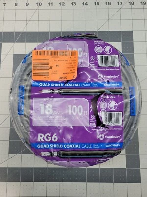 NEW Southwire RG6-Quad Shield Coaxial Cable Coil 18 AWG Copper Clad Black 100ft - Image 1 of 4