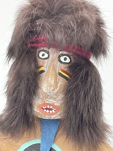 Brown Buffalo Dancer Kachina Doll Signed 12in T  x 6.5in W Real Hair Feathers  - Picture 1 of 16
