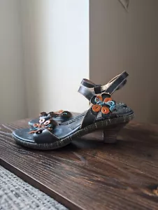Spring Step Tarragon 9 40 Teal Blue Brown Leather Floral Strappy Sandals Heels - Picture 1 of 11