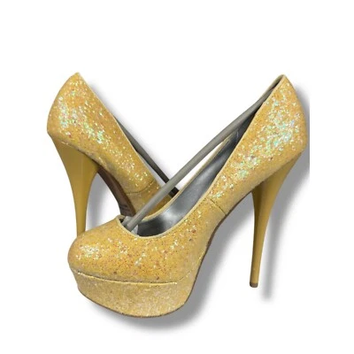 NIB Qupid Platform Pumps Glitter 5" Stiletto Heels Yellow Party Shoes Size 5.5 - Image 1 of 4