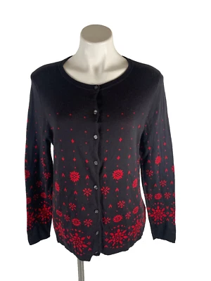 Cárdigan Suéter Mediano Lands' End 100% Algodón Supima Negro Rojo Floral Foto 1 de 4