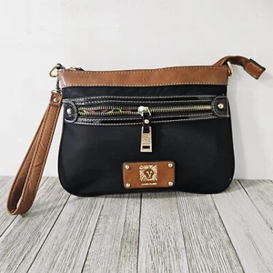 Anne Klein Black & Brown Zippered Wristlet Handbag Pocketbook Purse with Gold To - Picture 1 of 17
