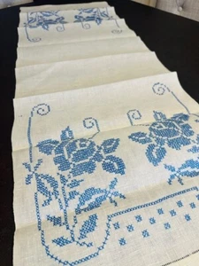 Handcrafted Table Scarf Runner Linen Blue Cross Stitch 15” x 42” Vintage Florals - Picture 1 of 15