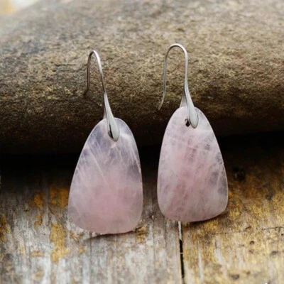 NEW Rose Quartz Women Earrings Natural Stone Dangles Pink Earrings Jewelry Gift - Image 1 of 4