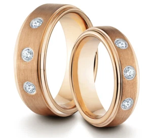 HIS & HERS 8MM/6MM Tungsten Rose Gold Wedding Band TWO RING SET w/ CZ Stones - Picture 1 of 3