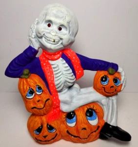 Vintage 1990 Ceramic Halloween Holland Mold Skeleton Pumpkins gold tooth Decor - Picture 1 of 7