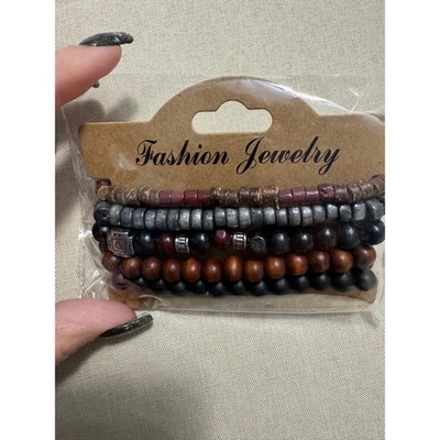 Mens Beaded Bracelet Set Stackable Boho Wooden Style 5 Piece New - Image 1 of 4