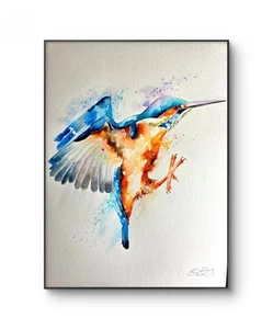 Original watercolour painting signed artwork By Elle Smith Art Of A Kingfisher - Picture 1 of 9