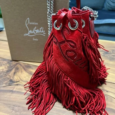 Christian Louboutin Red Fringe Shoulder Bag suede Silver Chain strap Unused JP-- - Image 1 of 4