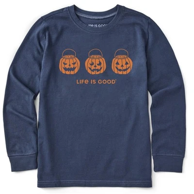 La vida es buena. Camiseta trituradora de manga larga Jack O Lantern Trio para niños, azul oscuro Foto 1 de 2