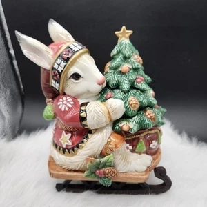 Fitz & Floyd Christmas Lodge Rabbit Bunny Tree Sleigh Cookie Candy Serving Jar - Picture 1 of 8