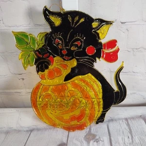 Vintage Halloween Suncatcher Black Cat Pumpkin Plastic 8" x 6.5" - Picture 1 of 3