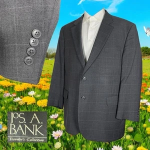 Jos A Bank Sport Coat Mens 48R Gray Blue Check Wool Two Buttons - Picture 1 of 11