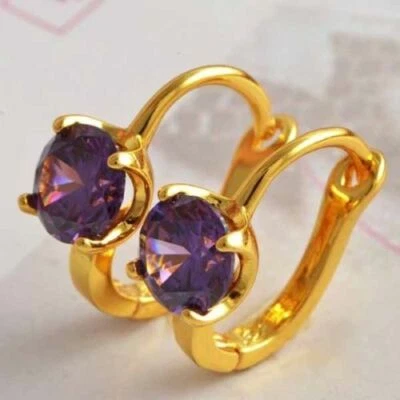 Nuevos aretes tipo argolla clásicos de oro amarillo rellenos de amatista púrpura circonita cúbica en forma de U Foto 1 de 4