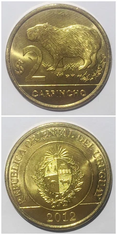 URUGUAY 2 Pesos capybara Carpincho animal 23mm brass plate steel coin UNC 1pcs Cover