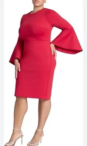 Eloquii Dress Sz 20  Womens Red Bell Sleeve Round Neck Back Zip Bodycon   - Picture 1 of 5