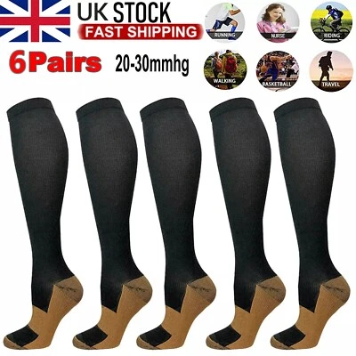 6 Pairs Copper Infused Anti-Fatigue Compression Socks Varicose Vein Socks Unisex - Image 1 of 4