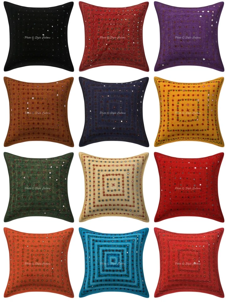 Indian Mirror Cushion Cover Handmade Cotton Embroidered Single Pillow Case 16" - Image 1 of 1