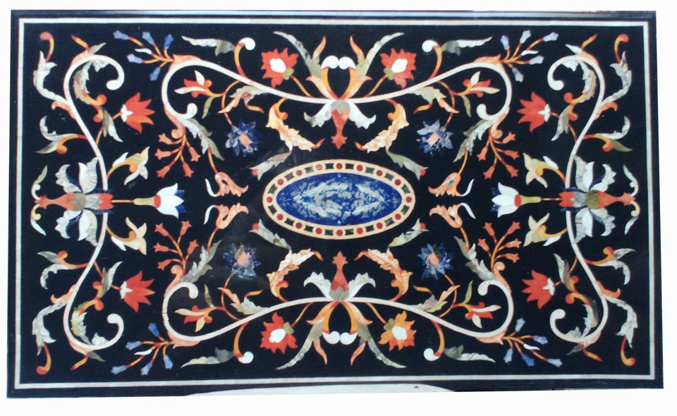 48" x 32" Pietra dura Floral Inlay Work Black Marble Center Table Top - Image 1 of 1