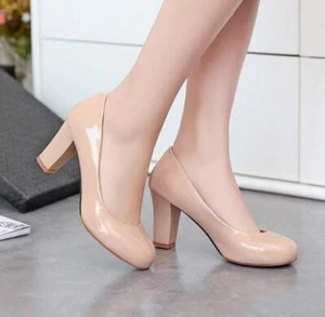 Womens Round Toe Block Heels Large Size Slip On Solid Non-slip Shoes College Hot - Picture 1 of 12