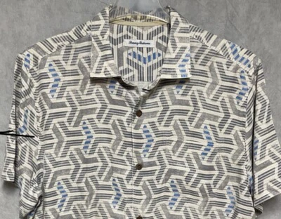 Tommy Bahama Shirt Men L Gray Aztec Geometric Hawaiian Button Up Island Zone - Image 1 of 4